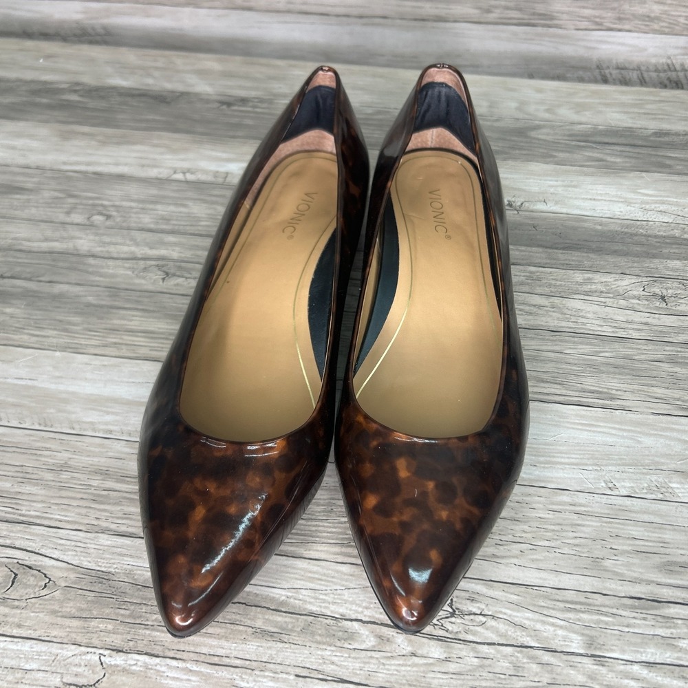 Vionic Women's Pointed Toe Tortoiseshell Patent Flats in Brown - Picture 3 of 14